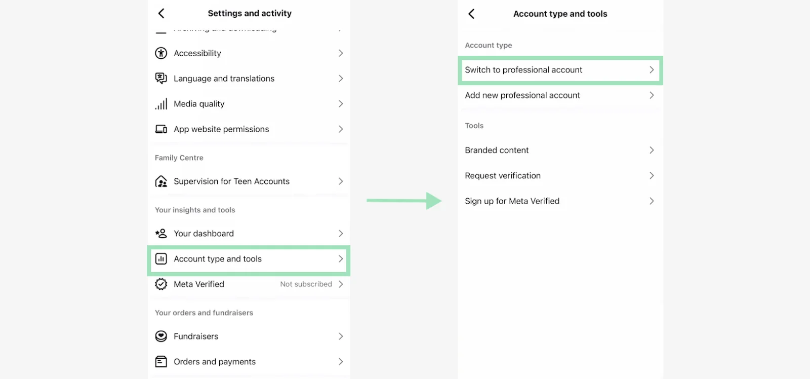 Instagram switch to professional account